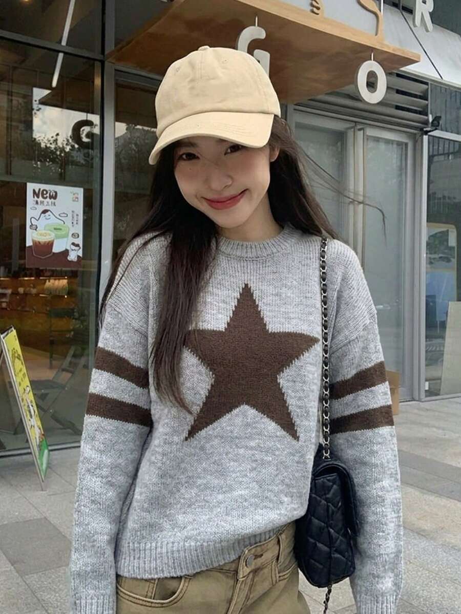 Sweater Wanita Kasual Longgar Motif Bintang dan Blok Warna untuk Pemakaian Sehari-hari dan di Rumah, Musim Gugur/Dingin - Grey - View 1