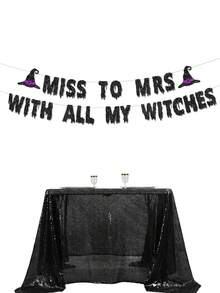 1 Set Black Glitter Miss To Mrs With All My Witches Banner, Paired With Purple Witch Hat, Halloween Bachelorette Party & Witch Themed Bridal Shower Decor, Suitable For Bride-To-Be - Black - View 1