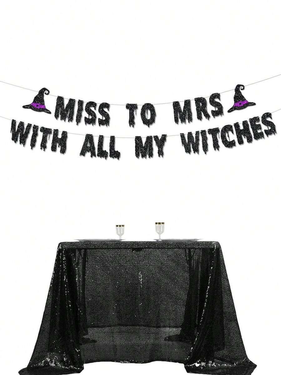 1 Set Black Glitter Miss To Mrs With All My Witches Banner, Paired With Purple Witch Hat, Halloween Bachelorette Party & Witch Themed Bridal Shower Decor, Suitable For Bride-To-Be - Black - View 1