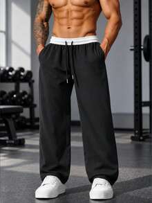 Men's Spring/Autumn Double-Layer Waist Wide Leg Sweatpants, Loose Straight Leg Draped Solid Color Casual Sports Long Pants - Black - View 1