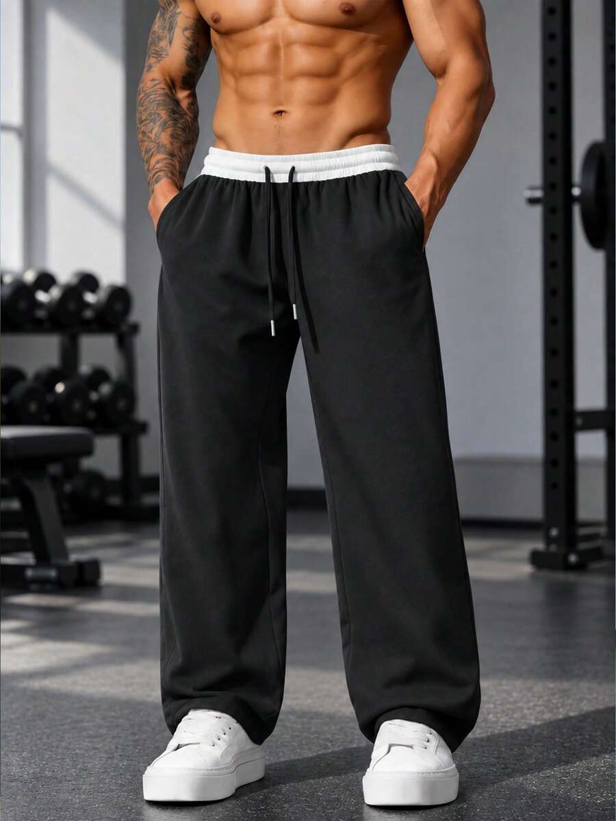 Men's Spring/Autumn Double-Layer Waist Wide Leg Sweatpants, Loose Straight Leg Draped Solid Color Casual Sports Long Pants - Black - View 1