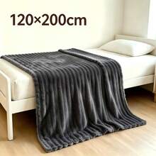 1pc Luxury Double-Sided Faux Rabbit Fur Blanket - Comfortable Striped Flannel, Medium Thickness, Lightweight And Breathable, Soft As A Cloud, Warm And Cozy, Suitable For Napping, Office, Camping, Sofa - Multi-Functional Polyester Bedspread, Christmas Gift - Dark Grey - View 13