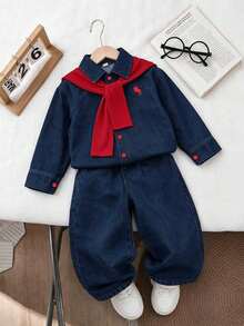 Jaket Denim Kasual Bordir dan Celana Denim Longgar Minimalis untuk Anak Laki-Laki - Dark Wash - View 1
