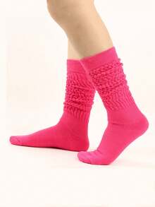 1/3/6 Pairs Women's Mid-Calf Loose Socks, Solid Color Long Socks - Hot Pink - View 2
