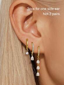 1/3pcs 18K Gold-Plated Dainty Waterdrop Cubic Zirconia Ear Stud & Huugie Hoop Earrings, Allergy-Friendly Stackable Earrings, Earrings Set For Women - Multicolor - View 18