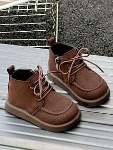 Girls' Simple Lace-Up Ankle Boots, Toddler Side Zipper Easy On/Off Casual Baby Shoes - Brown - View 5