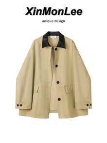 Khaki Vintage Casual Cargo Style Button-Up Jacket, Suitable For College, Office, Vacation, Daily Wear In Spring And Autumn - Khaki - View 1
