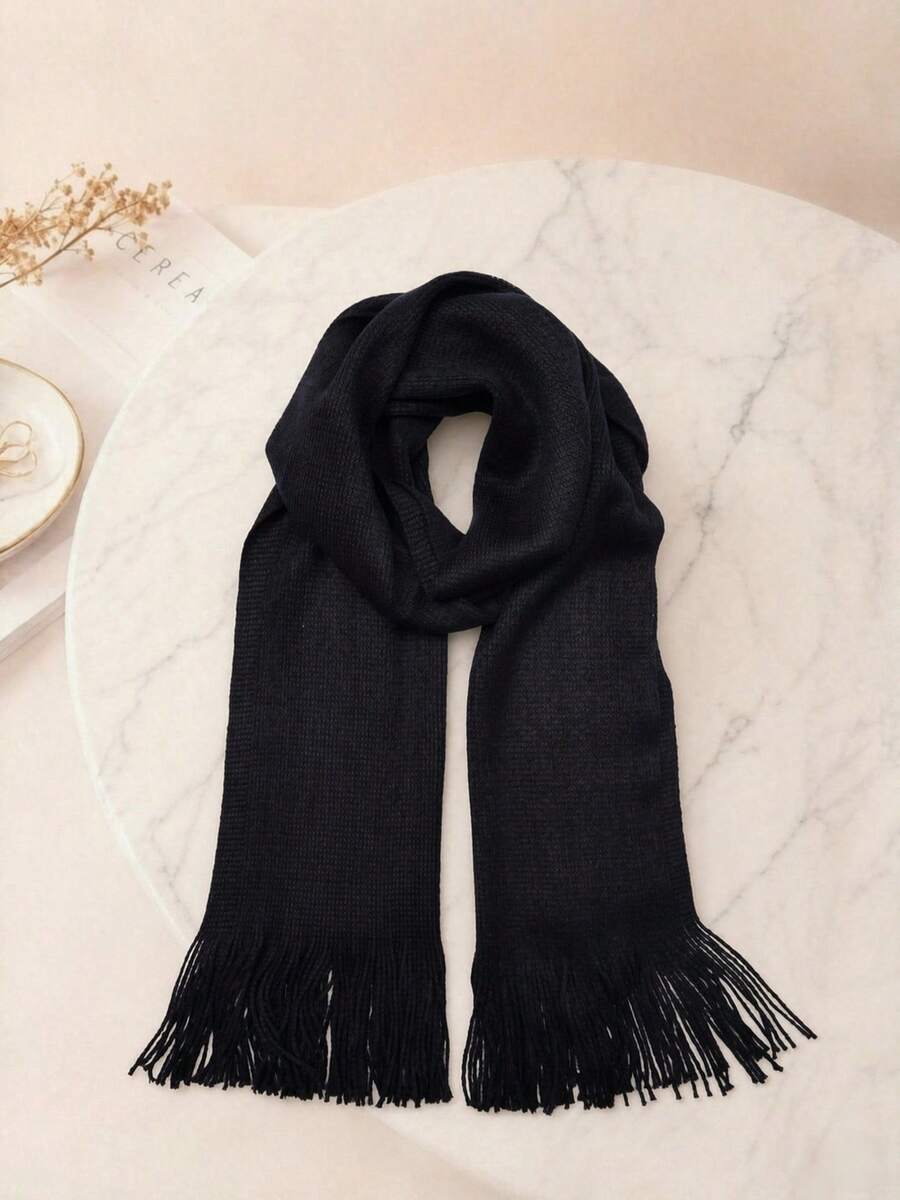 1pc Unisex Plaid Fringe Scarf, Suitable For Daily Use, Men Scarf Men Accessories - Black - View 1