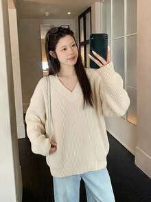 Women's Ribbed Knit V-Neck Long Sleeve Regular Fit Sweater, Autumn/Winter Fashion Top - Apricot - View 6