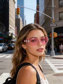 1 Pair Large Frame Multi-Color Y2K Women's Fashion Glasses, Sports, Bohemian Style, Suitable For Summer Parties And Travel, - 2 Star Powder Frame Powder Sheet - View 3