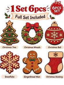 1/6 Styles 1set Christmas Wooden Coaster Set, Festive Tree Wreath Snowflake Gingerbread Stocking & Ornament Drink Coasters, Rustic Holiday Table Decor, Coffee Mug Cup Mats, Christmas Gift For Home Kitchen Party Decoration - Multicolor - View 8