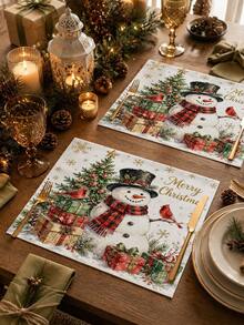 Christmas Table Runner, Pillow Case, Placemat, Winter Snowman Red Cardinal Christmas Tree Gift Box Pattern, Gold Snowflake Star Print, Vintage Country Style, Suitable For Home Dining Room Party Indoor Outdoor Winter Holiday Decoration - Multicolor - View 4