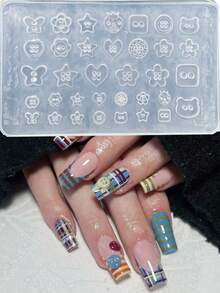 1pc Multi-Design Button Silicone Nail Art Mold 3D Cute Star Heart Flower Bear Button Shaped Nail Carving Template DIY Nail Tools - Clear - View 4