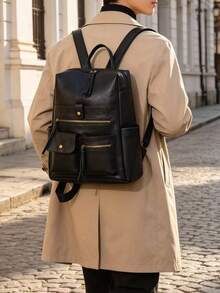 Men's Vintage Leather Backpack, Casual Business Rucksack With Multiple Zipper Pockets, Classic Travel School Bag For Men - Black - View 8