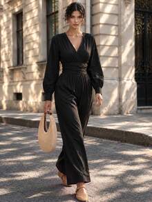 Fall Vintage Black V Neck Jumpsuit, Elegant Lantern Long Sleeve Wrap Waist Wide Leg Jumpsuit For Fall Winter - Black - View 1