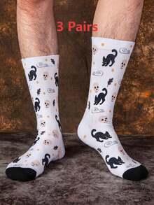 1/3 Pairs Street Style Jacquard Mid-Calf Socks, Black Cat & Skull Cute Quirky Creative Design, Fun Halloween Gift - Multicolor - View 9