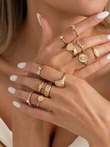 12 Pcs Vintage Ins Rhinestone Star Moon Stackable Rings Fashion Geometric Metal Heart Letter Rings, Suitable For Daily Wear - Gold - View 2