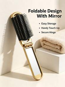 1pc Foldable Air Cushion Hair Brush With Mirror, Portable Mini Pocket Massage Comb, Anti-Tangle Soft Bristles, Travel & Back To School Essential, Women Hair Accessory For Daily Hairstyle - A - View 2