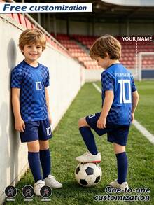 [Customized]Fashionable & Comfortable Round Neck Sports Jersey Set With Custom Name, #10 Star Player Style Football Jersey, Kids Unisex Soccer Sports Jersey With Burnout Design, Round Neck Short Sleeve & Shorts 2 Pieces Set - Blue - View 4