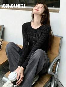 Korean Style Polka Dot Henley Collar Long Sleeve Slim Fit Flattering Casual T-Shirt - Black - View 6