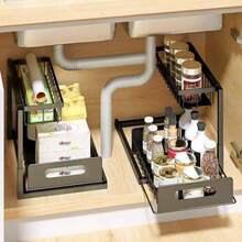 1pc 2-Tier Pull-Out Under Sink Storage Rack, Sliding Drawer Cabinet Organizer, Suitable For Kitchen Bathroom Closet Cabinet, Multi-Functional Cabinet Storage, Space-Saving, Adjustable, Rust-Proof, Heavy-Duty, Easy Assembly, Home Storage Solution - Black - View 4