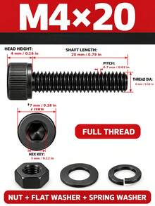 10/20/50 Set Baut Kepala Soket Heksagonal M3/M4 dengan Mur, Ring Pipih & Ring Pegas, Baut Metrik Berulir Penuh Warna Hitam, Berbagai Panjang 6–20mm untuk DIY, Furnitur, Mesin & Perbaikan Rumah - 20 Set - View 11