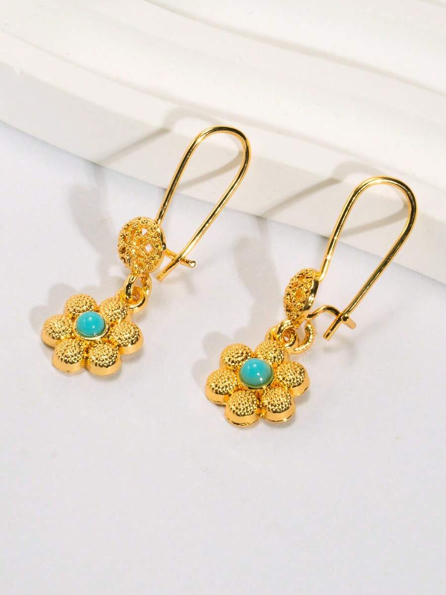 2PCS Vintage Middle Eastern Style Rust Proof 21K Gold Alternative Turquoise Stone Petal Dangle Drop Earrings For Women Ramadan & Special Occasions - Turquoise - View 1
