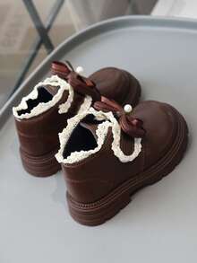 1 Pair Kids Cute Embroidered Bow PU Knit Slip-On Shoes, Suitable For Autumn/Winter Outdoor, Daily, Party, School - Brown - View 6