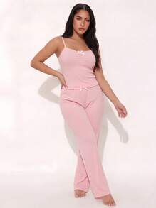 Sweet & Cute Women's Pajama Set, Backless Bow Camisole + Long Pants, Ribbed Knit Elastic Soft Pink Eye-Catching Campus - Pink - View 7
