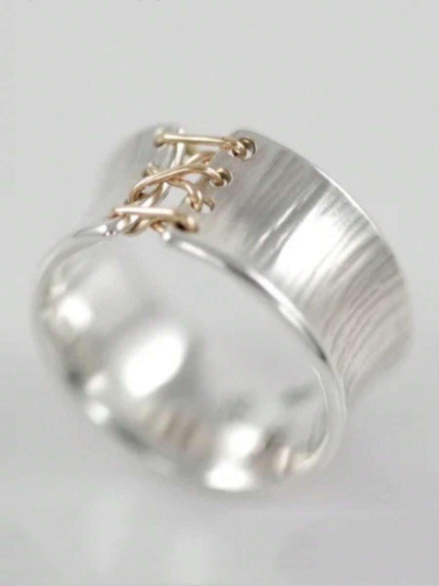 YOYO Two-Tone Hammered Texture Ring, Women's Textured Wide Band Ring, Fashion Jewelry