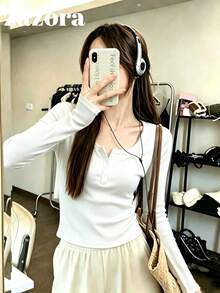 女款極簡純色大圓領長袖T恤，修身彈性打底短版上衣，初秋休閒白色 - 白色 - 查看 8