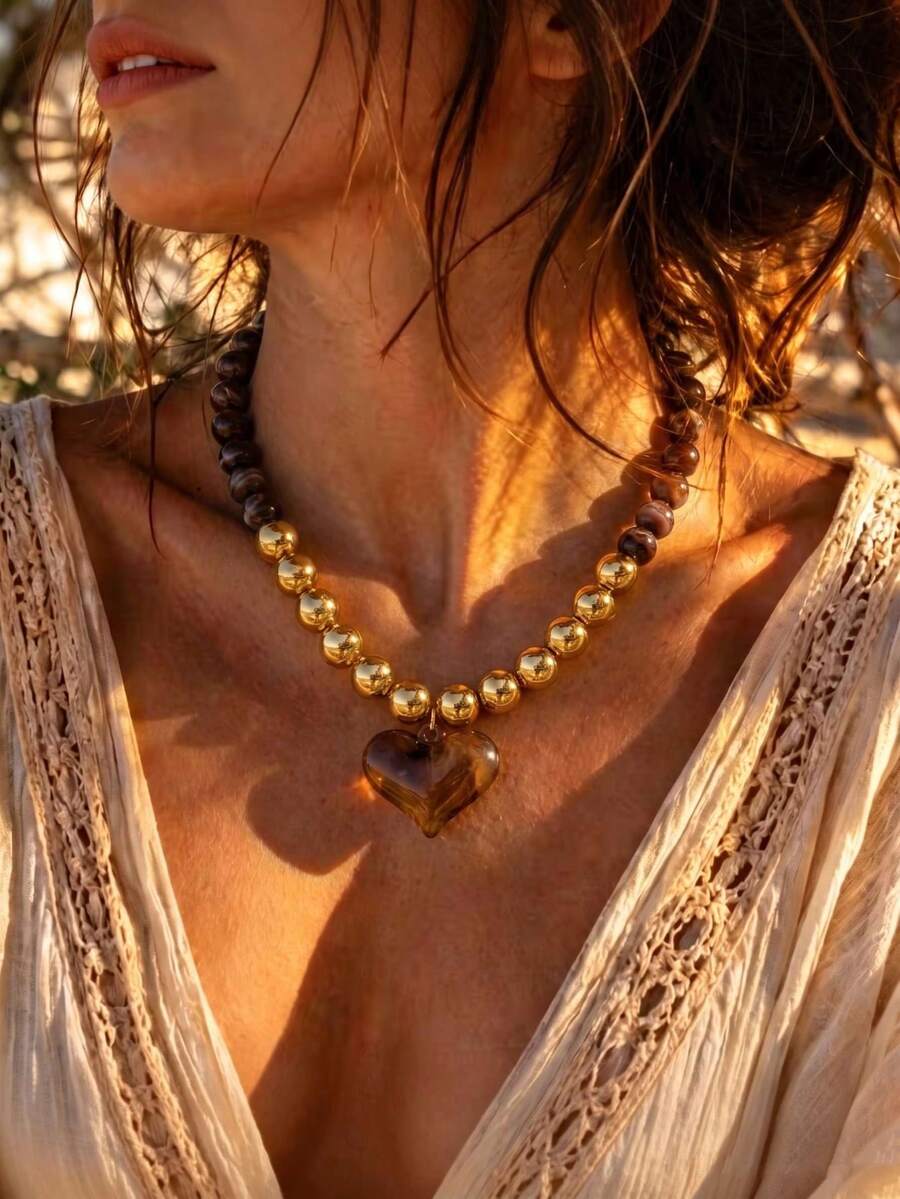 1pc Fashionable Vintage Beaded Necklace With 3D Heart Pendant, Elegant Neck Jewelry For Women, Suitable For Outings, Parties, Music Festivals, Dates And Daily Wear, Versatile Gift Choice - Multicolor - View 1