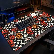 1pc Halloween Skull And Jack-O'-Lantern Checkerboard Print Extended Mouse Pad, Red Black Gothic Keyboard Desk Mat, Spooky Desktop Decor - View 2