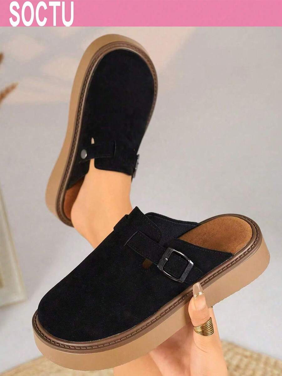 SOCTU Sepatu Mules Wanita Model Slip-On Kasual Modis dengan Sol Tebal dan Ujung Bulat Terbaru untuk Musim Semi.