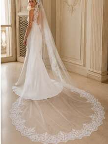 1pc Elegant Vintage Lace Bridal Veil With Metal Comb, Perfect For Vienna Cathedral & Church Weddings - Straight White - View 14