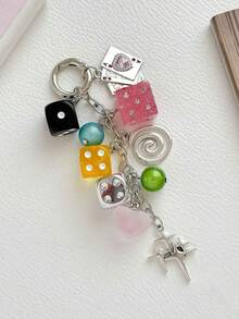 Y2K Dice Beaded Bag Charm Keychain With Playing Card Heart Star Pendants Cute Kawaii Aesthetic Purse Accessory, Street Style Handbag Decoration - Multicolor - View 5