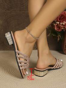 1 Pasang Sandal Wanita Hak Rendah Tebal Berhiaskan Berlian Imitasi Warna Champagne, Gaya Modis Elegan, Hak Tinggi yang Nyaman dan Serbaguna - Sampanye - View 4