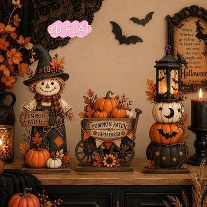 2D Flat 3-Piece Wooden Desktop Decor Set, Pumpkin Carriage Layered Pumpkin Lantern Ornament Set, Halloween Tiered Tray Decoration, Autumn Farmhouse Style Indoor Desktop Decor, Home Gift