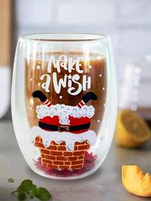 1pc Santa Claus Cartoon Double-Wall Insulated Glass Cup, Christmas Fun Gift, Suitable For Christmas Holiday Family Enthusiasts And Friends Gift - Multicolor - View 1
