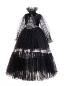 Tween Girl Black High Neck Mesh Patchwork Formal Dress, Suitable For Flower Girl Wedding, Birthday Party Princess Dress, Elegant Dress For Girls - Black - View 4