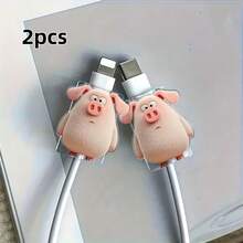 2D Flat Acrylic Cartoon Piglet Cable Protector (Set Of 2) – Shatter-Resistant, Stylish, And Durable Type-C Charging Cable Protector Designed For A Refined Lifestyle; Provides Superior Protection For Your Cable (Non-Electric/Passive Accessory). - Apricot - View 2