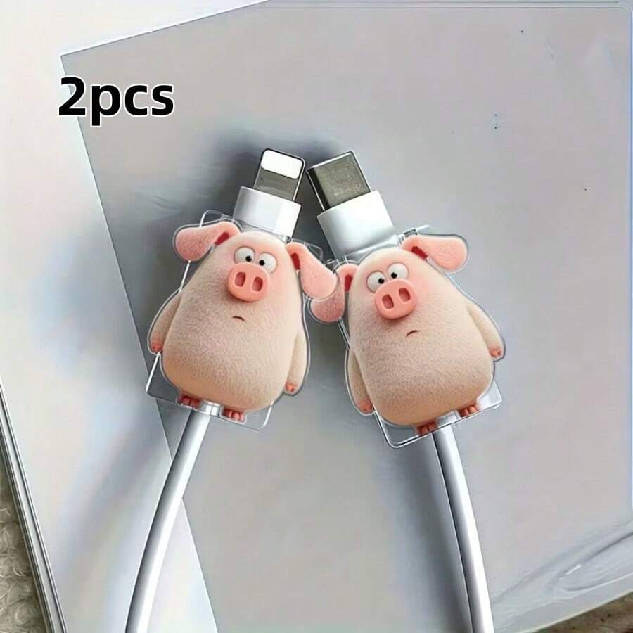2D Flat Acrylic Cartoon Piglet Cable Protector (Set Of 2) – Shatter-Resistant, Stylish, And Durable Type-C Charging Cable Protector Designed For A Refined Lifestyle; Provides Superior Protection For Your Cable (Non-Electric/Passive Accessory).