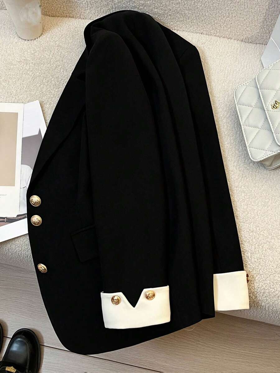New Women's Black Blazer Jacket With Metal Buttons, Elegant And Versatile Fall