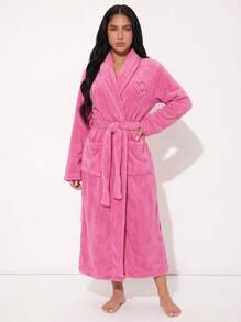 1pc Women's Solid Color Minimalist Elegant Plush Robe, Warm And Comfortable, Suitable For Home And Bath, Autumn/Winter - Hot Pink - View 5