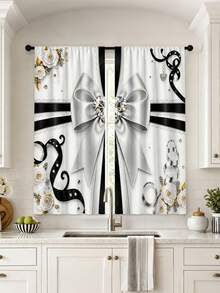 2Pcs Simple European Luxury Bow Camellia Wavy Print Pattern, Semi-Sheer Rod Pocket Curtains, Suitable For Living Room And Bedroom, Rod Not Included, Machine Washable - Black and White - View 7