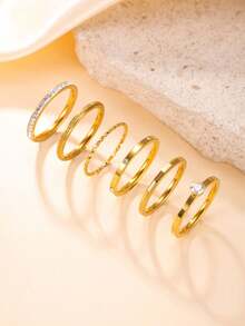 6pcs Fashionable Luxury Geometric Rhinestone & Starry Stainless Steel Rings, Suitable For Women's Daily Wear Or Party - Gold - View 4