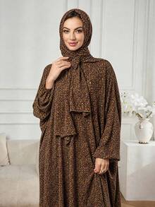 Women's Dark Brown Ditsy Floral Abaya Dress With Matching Hooded Hijab, Long Sleeve Loose Fit Floor Length Ramadan Prayer Robe For Ramadan And Eid - Brown - View 5