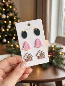 1 Set Christmas Lights Pink Christmas Tree House Print Minimalist Personalized Cute Elegant Earrings - Multicolor - View 1