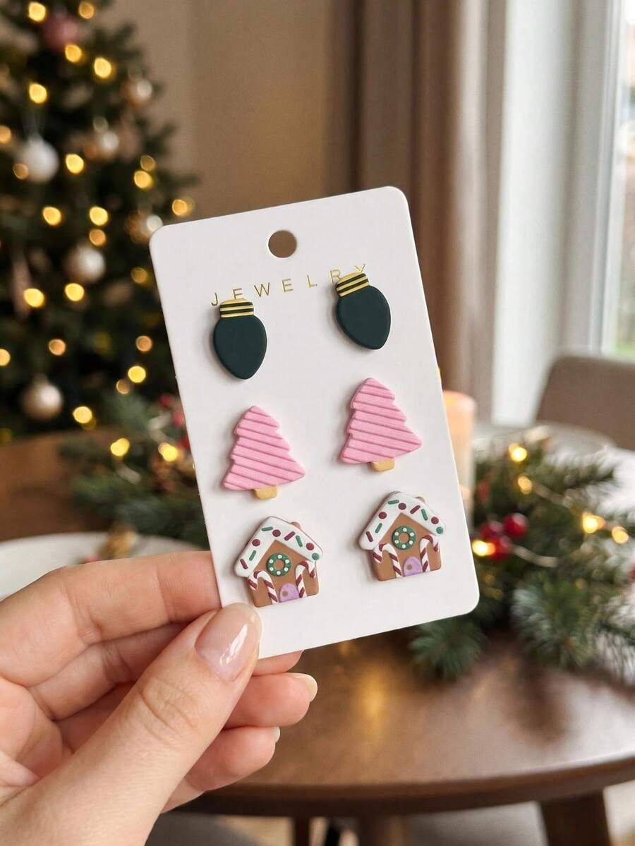 1 Set Christmas Lights Pink Christmas Tree House Print Minimalist Personalized Cute Elegant Earrings - Multicolor - View 1