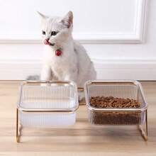 1pc 15° Tilted Elevated Double Cat Bowl, Rose Gold Iron Frame Transparent Striped Pet Food & Water Bowl, Neck Protection Elevated Anti-Slip Anti-Splash Feeding Bowl, Home Dining Set, Suitable For Cats, Kittens And Small Dogs - Large Capacity - View 5